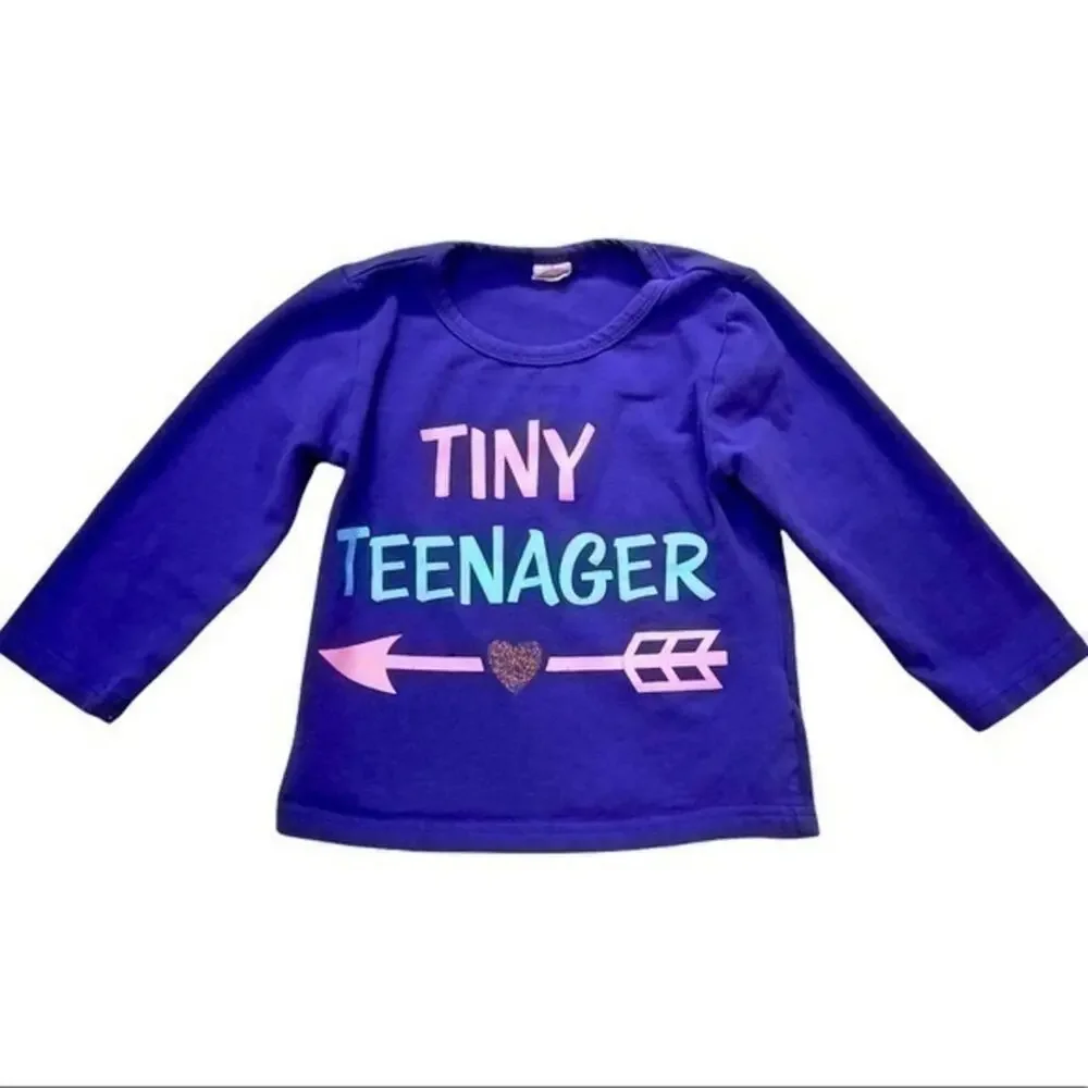 Baby Girl “Tiny Teenager” Graphic Tee 2T Purple Long Sleeve Toddler Shirt